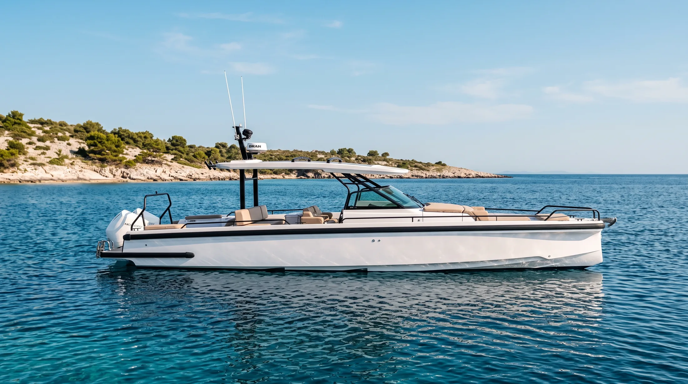 White Axopar motorboat in side profile on calm water.